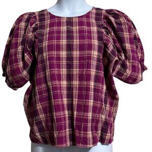 INC International Concepts Madison Plaid Puff-Sleeve Linen Blend Blouse XL